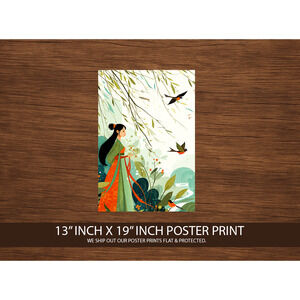 Asian Garden Girl Poster Print 13x19 – Nature & Bird Wall Art – Elegant